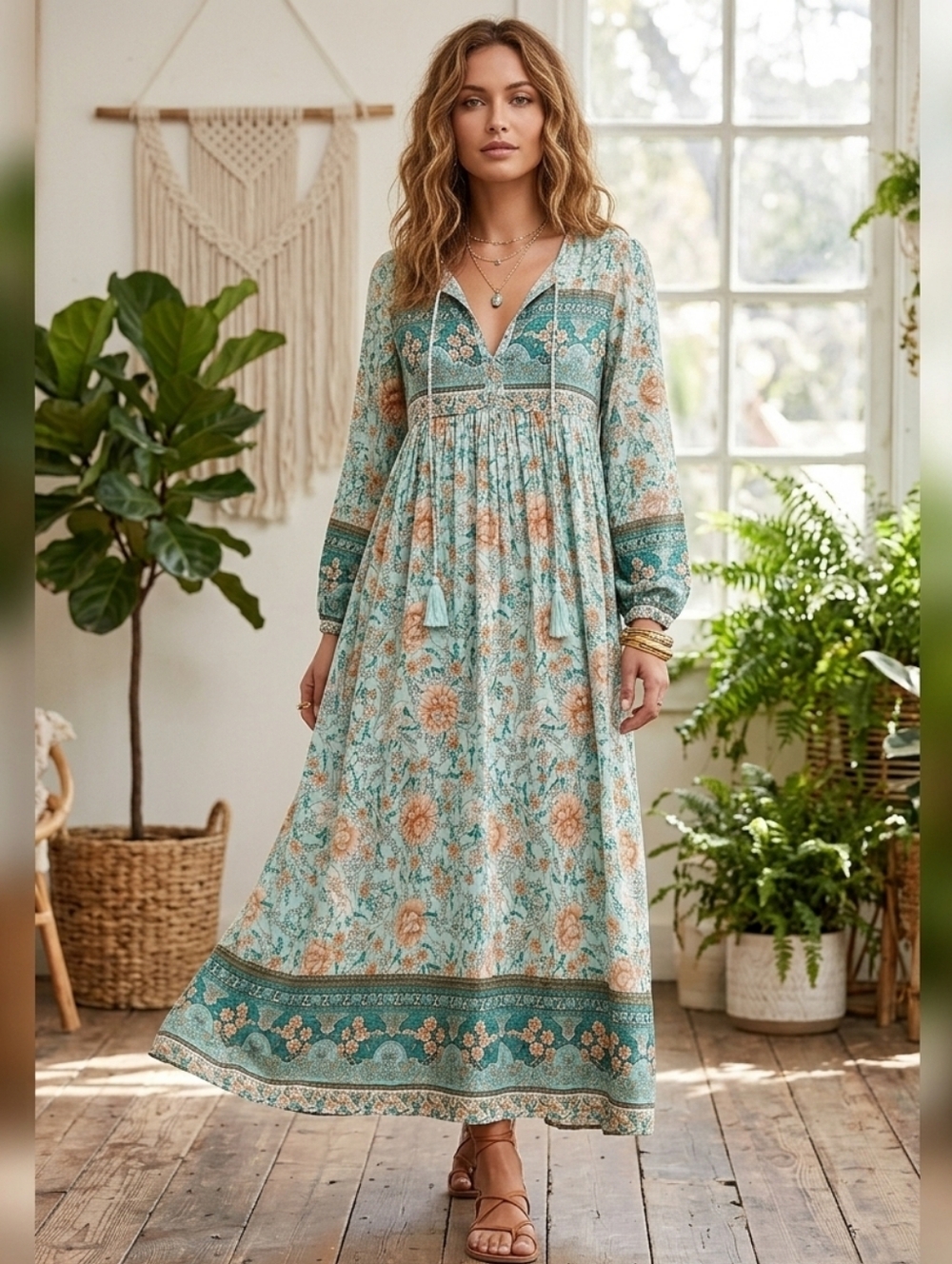 NWOT R. Vivimos Boho Floral Tie-Neck Long Sleeve Maxi Dress - Teal & Peach